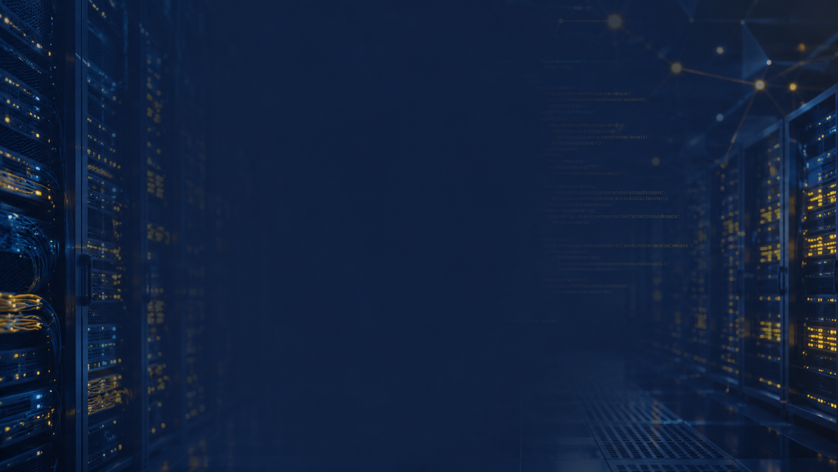 Blue datacenter aisle with server racks and network lights