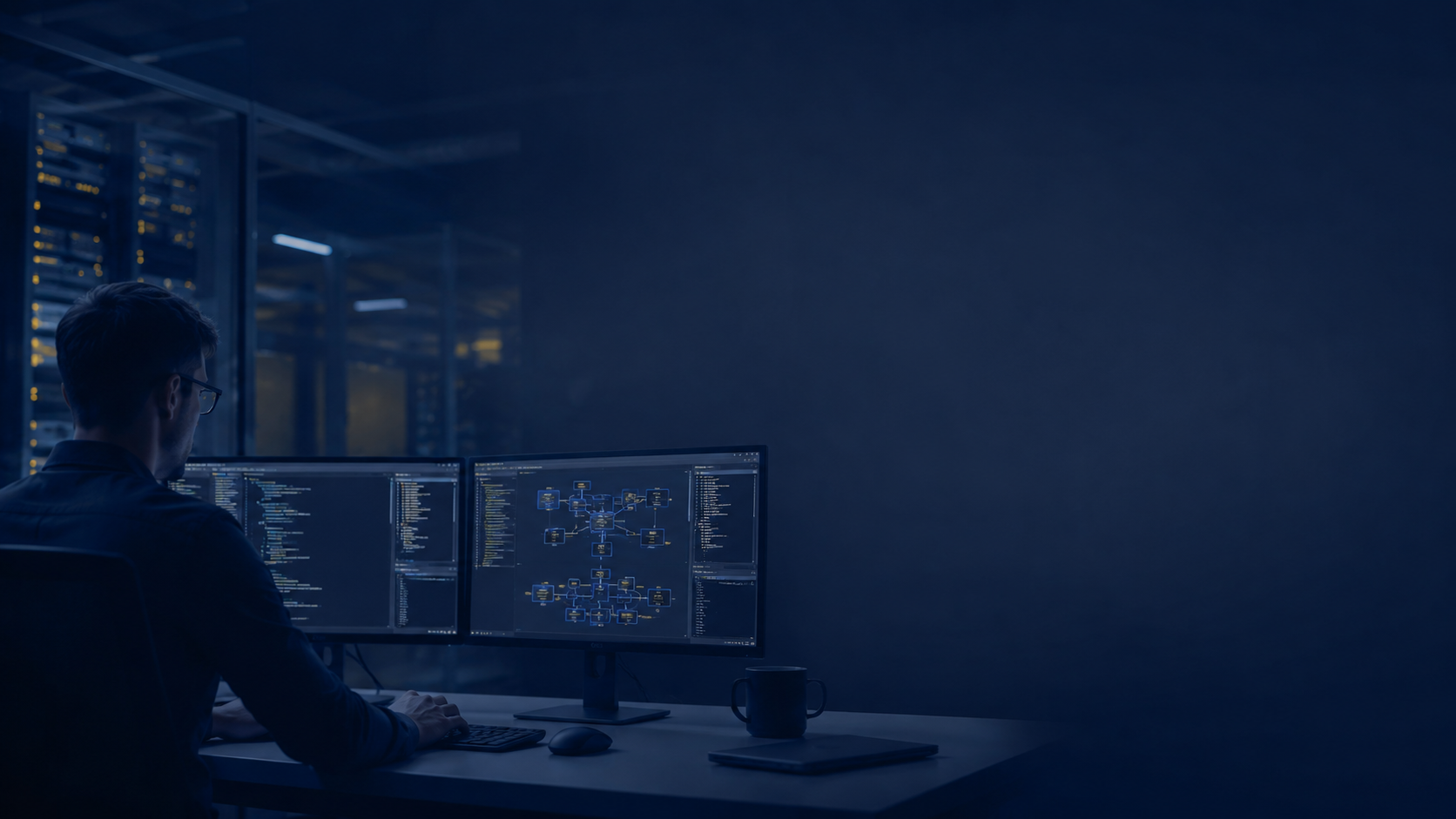 Engineer workstation in a server room with monitoring screens