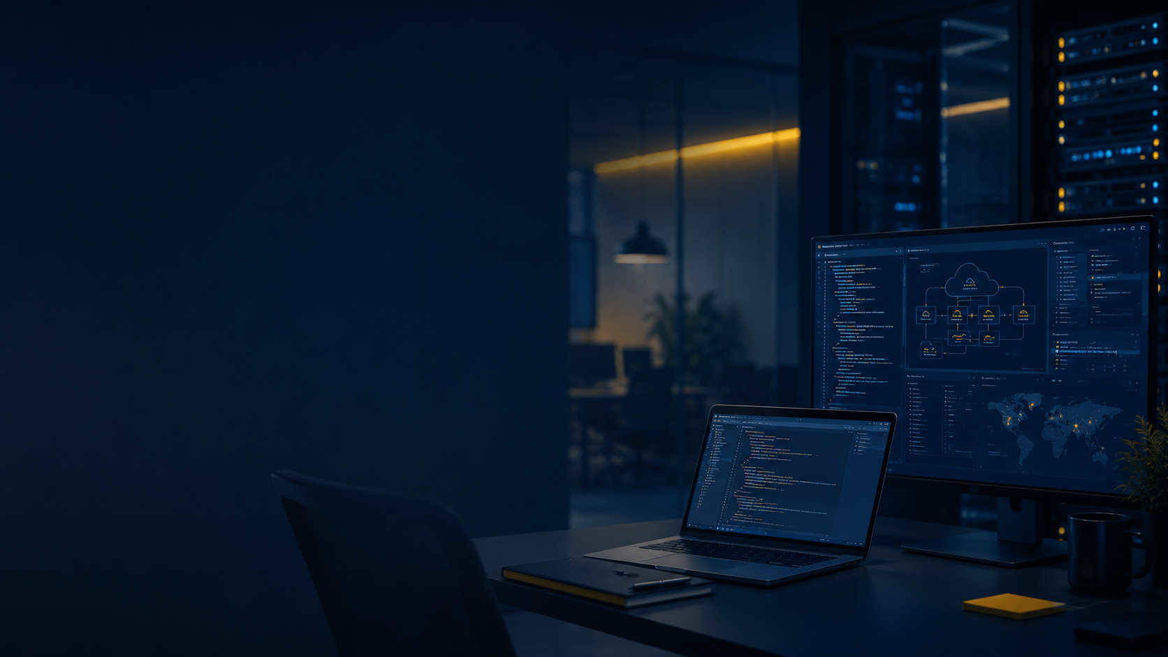 Dark professional workstation with code dashboards and server racks